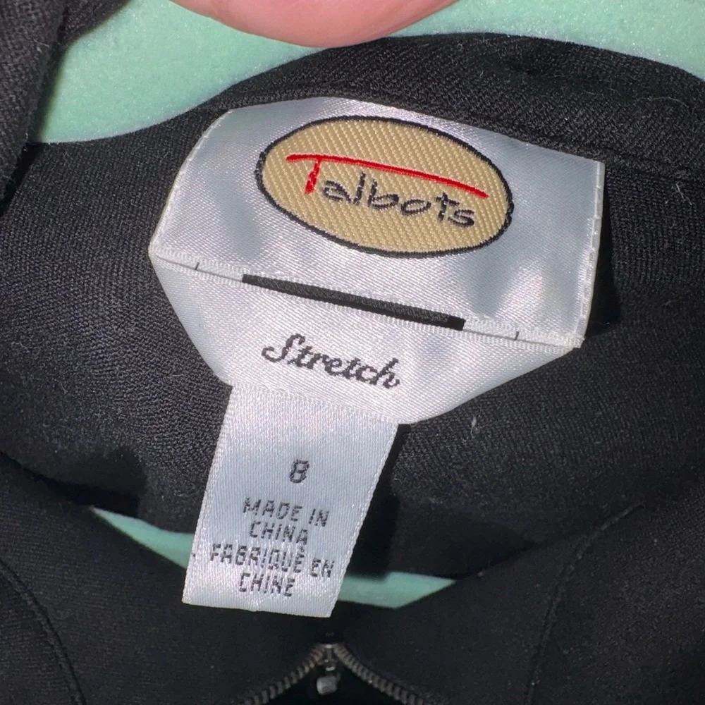 Talbots short blazer jacket womens 8 black zip front collared